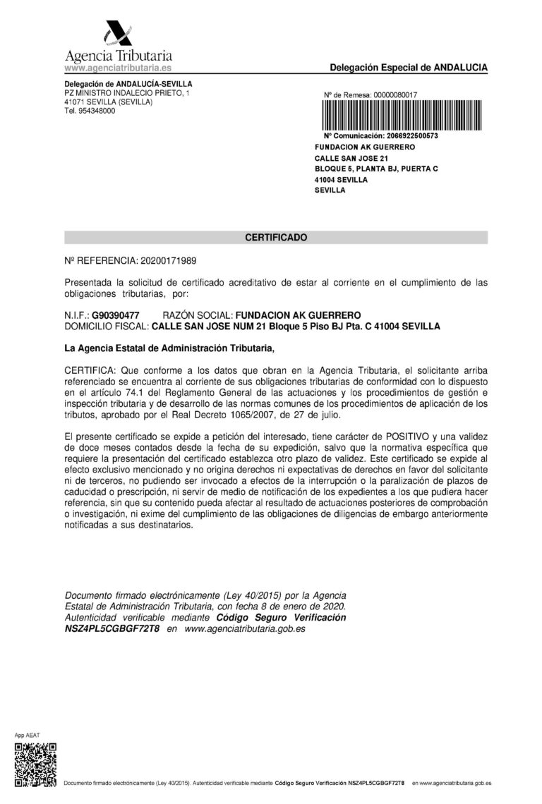 Estamos al corriente de pago con Hacienda y Seguridad Social Fundación Antonio Guerrero